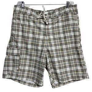 Chaps Plaid Swim Trunks Mens XL Beige White Polyester Mesh‎ Lined Drawstring